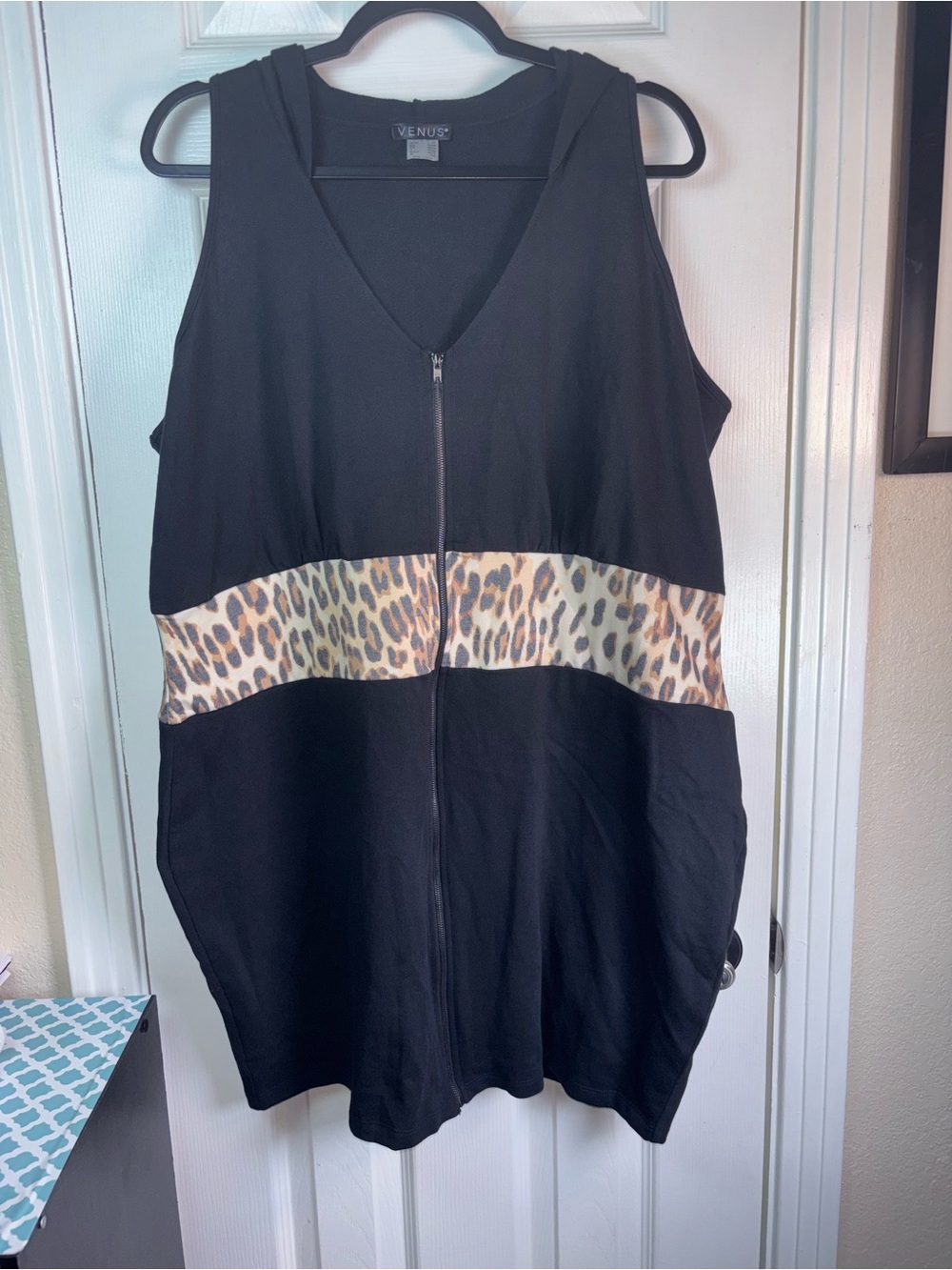 Venus Black Zip Front Tank with Leopard Waist Panel - Picture 1 of 5